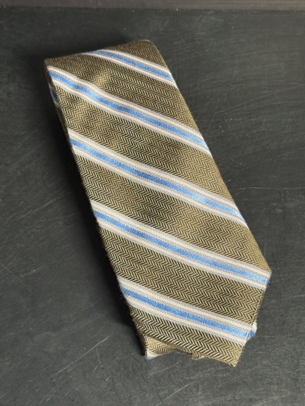 Cremieux Olive Blue Striped Silk Blend Tie